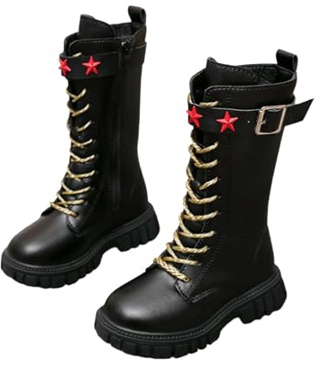 Genérico Botines de Estilo para Niña con Decoración Estrellas Hebilla Cinturón Cordones Dorados Uso Diario Zapatos (Black, 35 Big Kids)