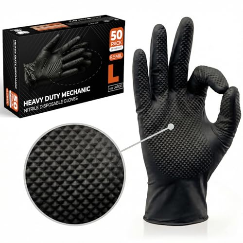 The Real Touch Nitrile Gloves, 50 Count, Heavy-Duty Disposable Mechanic Gloves, Diamond Textured, Latex & Powder-Free, Non-Slip, Extra Thick, Ideal for Automotive, Industrial Tasks (Black - 50, L)