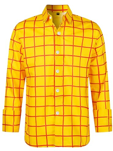 Yellow Checked Shirt Mens with Long Sleeve and Button-Down Autumn and Spring Cowboy Outfit Slim Fit Casual Plaid Shirt Adult World Book Day Costumes for Festival, Cosplay, Office, Daily