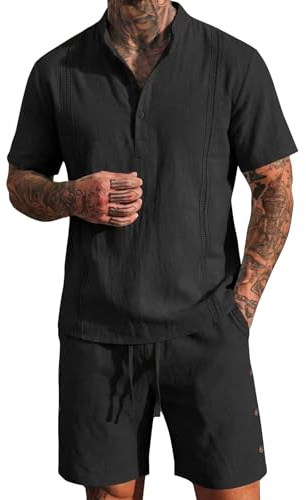 Floracle Herr går ut kläder bomull linne ståkrage sommar skjorta knapp och vardagliga shorts med fickor elastisk midja och dragsko träningströjor set kläder för sommarpromenader, Svart, M