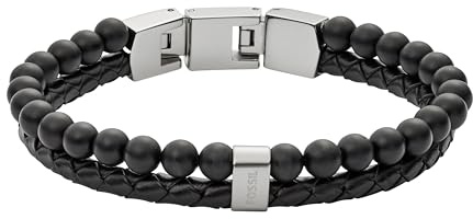 Fossil Men's Leather and Beaded Bracelet, Color: Black (Model: JF02763040)