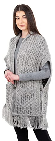 SAOL Scialle di 100% Lana Merino/Maglione Poncho/Cardigan Aperto con Tasche con Frange e Bottone Trinity Knot (Grigio)