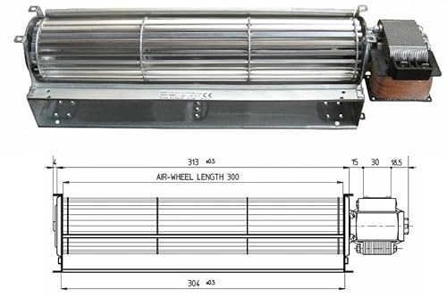 UNIVERSALE Ventilatore Tangenziale per Stufe a Pellet TGA 60/1-300/30, Montaggio a Parete, Nero Smaltato, Telecomandato, 43W, 180 m³/h, 380 mm x 304 mm x 40 mm