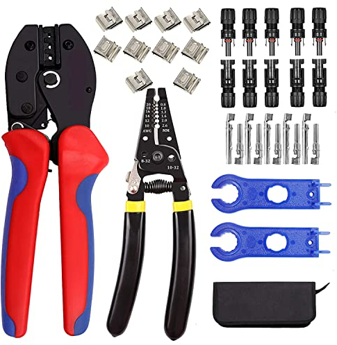 QeeHeng Crimping Tool Kit-Solar Cable Connector,1 Crimper,1 Wire Stripper,5 Pairs Male/Female Solar Panel Connectors, 2 Straight Wrenches,35PCS Solar Panel Wiring Kits