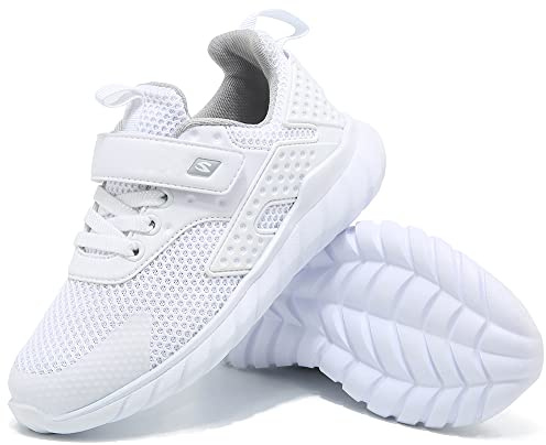 Kids Walking Sports Running Shoes Breathable Casual Boys Girls Trainers Lightweight Athletic Sneakers, White, 4 UK