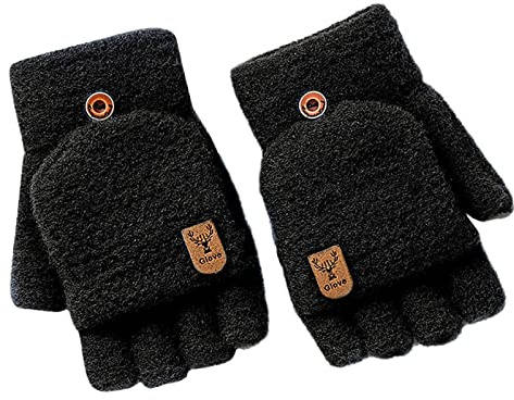 Winter Knitted Fingerless Gloves Thermal Insulation Warm Convertible Mittens Flap Cover For Men Women Knit Gloves (Black, One Size)