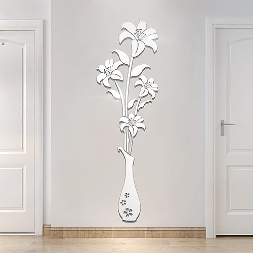 HNVNER Adesivi da parete a specchio - Adesivi da parete 3D a forma di fiore per soggiorno, camera da letto, decorazione da parete per sfondo TV e sfondo divano (L, specchio argento)