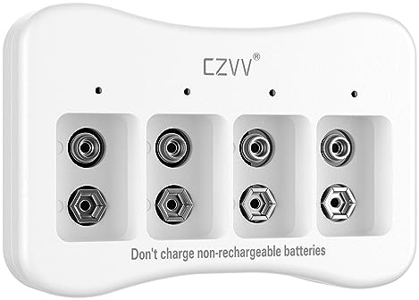 czvv Pilas de 9V - Cargador para Pilas Recargador - Carga Rápida con 4 Posiciones (Solo un Cargador)