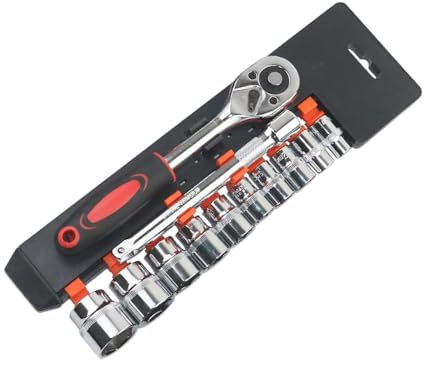 YEBOCIYO 12 Pezzi 3/8 Set di Chiavie Set Cricchetto e Bussole 8mm - 19mm Inserti Esagonali 155MM Cricchetto Reversibile in Cr-V con Pulsante di Scatto Strumento di Riparazione Automatica