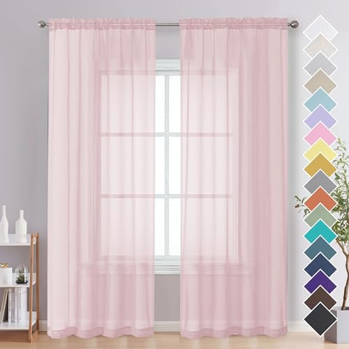 OVZME Blush Pink Sheer Curtains 84 Inches Long 2 Panels - Soft Light Filtering Window Sheer Panels for Living Room/Bedroom, Top Dual Rod Pocket, 1 Pair, Each 42Wx84L Inches