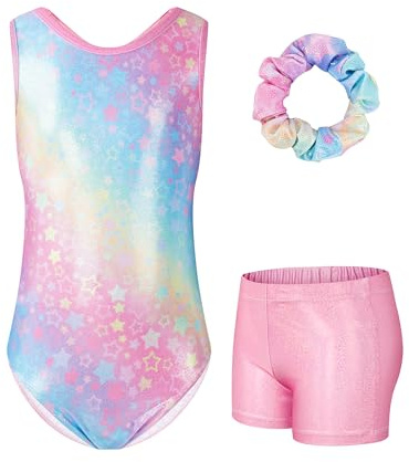 JiAmy Gymnastikdräkt för flickor, barn, glitter, gymnastik, gymnastikdräkt, leotard med strass-stenar set för 3–12 år, Rosa stjärnor, 6-7 År
