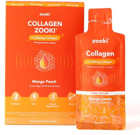 Zooki 11,000mg Super Strength Marine Collagen Liquid Sachets | Hydrolysed Peptides | Ultimate Skin, Hair, Nails, Joints, Bones & Muscles Support (Mango Peach Flavour, 14 Servings)