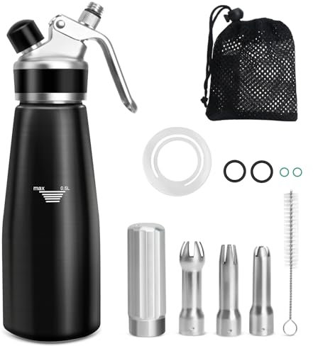 Sifone da Cucina,500ML Sifone Panna Montata in Alluminio, Sifon da Casa per Spume Panna Montata Dolci E Salate Mousse Decorazioni,3 beccucci in acciaio inossidabile,Pennello pulito,sacchetto di rete