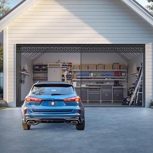 Moustiquaire Porte de Garage avec Rail et Fermeture Magnétique, 496 x 218 cm pour 2 voitures, Moustiquaire Rétractable en Fibre de Verre Renforcée, Protection Anti-Insectes, Accès Rapide