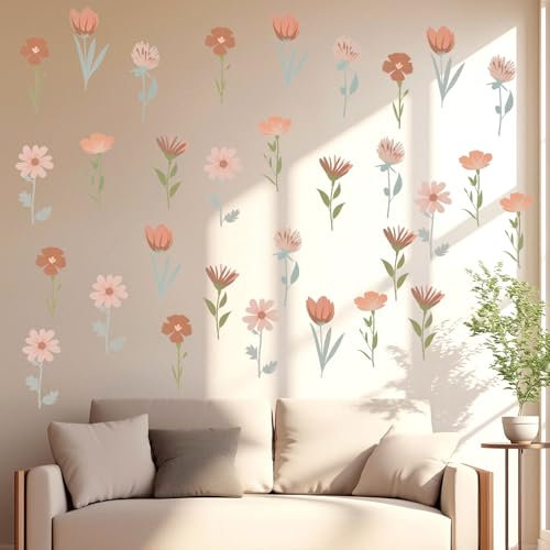 12 Sheets / 72 Pcs Flower Wall Decals Boho Wall Stickers Flowers Home Wall Decor Living Room Peel and Stick Aesthetic Murals Wildflower Wall Decal for Bedroom Boho Vinyl Kitchen Wall Murals