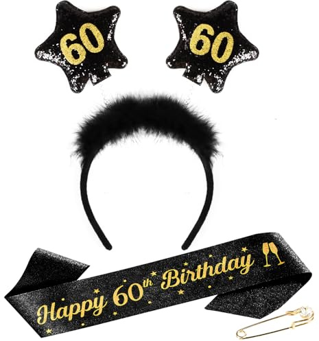 TUZELIYA Copricapo per 60° Compleanno - Fascia Capelli Glitterata con Cintura e Spilla - Accessorio per Festa di Compleanno Donna e Uomo - Decorazione per 60 anni