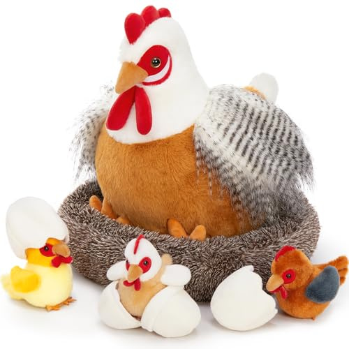 MorisMos 37cm hühner riesen Hahn Kuscheltier XXL, groß Huhn plüschtier Stofftier XXL mit 3 Küken Baby im Ei, Henne hühnchen im Korb,Weihnachten Kinder Geschenk