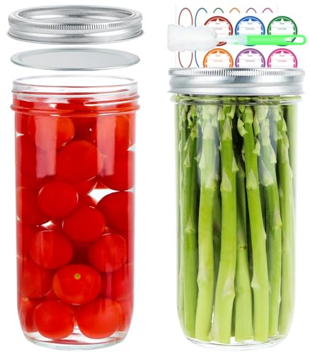 HAYHOI 720ml Wide Mouth Mason Jars, 24 oz 2 Pack Glass Canning Jars with Airtight Lids, Large Storage Jar with Labels Brush, Clear Mason Jars for Canning, Fermenting, Pickling, DIY Projects