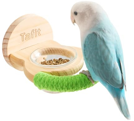 Tafit Bird Feeder & Perch – Includes Cotton Rope Perch and Glass Feeding Cup – Cage Accessory for Cockatiels, Budgies, Lovebirds, Conures, Canaries, Finches, and Small Parrots