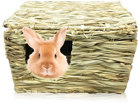 VEGOATY Grande Capanna Pieghevole in Paglia Naturale 100% per Conigli & Porcellini d'India - 30x20x20cm, Casa per Roditori con Aperture, Nascondiglio per Cincillà, Accessorio per Gabbia di Hamster