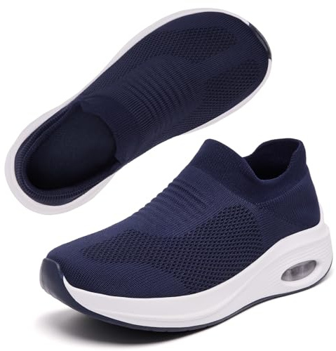 Wide Fit Womens Slip On Trainers Arch Support Ladies Trainers Plantar Fasciitis Orthopedic Shoes Air Cushion Comfortable Breathable Mesh Non Slip Gym Sneakers Navy 4 UK