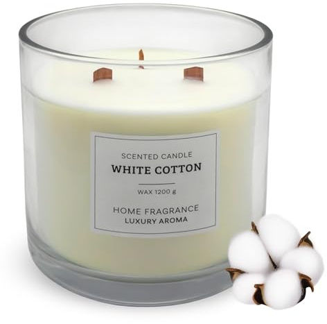 Vela perfumada XL con 3 mechas de cristal de 13 x 10 cm con mecha de madera - aroma de algodón blanco - Vela perfumada grande 1200 g Cera Vida útil 50 horas - Aroma de habitación - Luz decorativa
