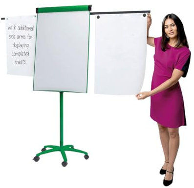 Wonderwall Mobile Magnetic Flipchart Easel, A1, 100 x 68 mm, Green Frame | Dry-wipe Whiteboard, 2 Extendable Side Arms - Ideal for School, Office, Training, Presentation
