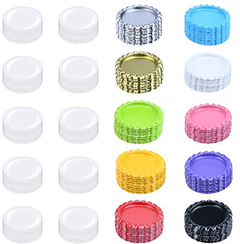 Bottle Caps for Crafts 100 Pack Flat Crown Caps with 100 Clear Epoxy Resin Stickers for Jewelry Making Keychains DIY Accessories Medal Crafting Multi-Color Metal Caps for Bow Pendants