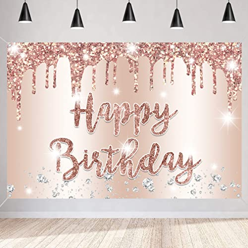 Decorazione di compleanno per ragazze/donne, striscione di compleanno, oro rosa, compleanno, in tessuto, poster con scritta Happy Birthday