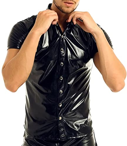 Herren Hemd mit Kragen Wetlook Metallic T-Shirt Männer MuskelShirt PU Leder Lack Freizeithemd Slim Fit Tops Tights Clubwear Slim Lack-Optik Jacke Kurzarm Mantel Wetlook Coat Oberteile