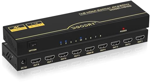 DGODRT Splitter HDMI 4K, Répartiteur HDMI 1 Entrée 8 Sorties, Sépartiteur HDMI pour 4K 3D 1080P HDCP1.4 avec HDTV,DVD,Xbox,PS3/4,Blu-Ray,Projector