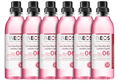 INEOS Next-Gen Non Bio Laundry Washing Liquid Detergent, 198 Washes (6 x 1L), High Performance Stain Remover For Clothes, Plant Powered, For Sensitive Skin, Rose + Cashew Flower, Packaging May Vary