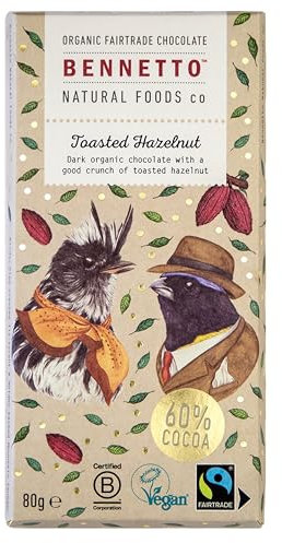 Toasted Hazelnut Dark organic chocolate with crunchy toasted hazelnuts. 60% cocoa. Certified organic, Fairtrade, and net climate positive. Beautiful gifts for everyone.