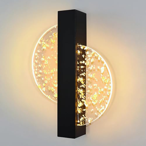 CHEVVY Applique Murale LED 12W, Interieur LED Applique Murale 3000K-4500K Noir Acrylique Ronde Incrustation de feuille d'or Lampe Murale Intérieure Moderne en Aluminium