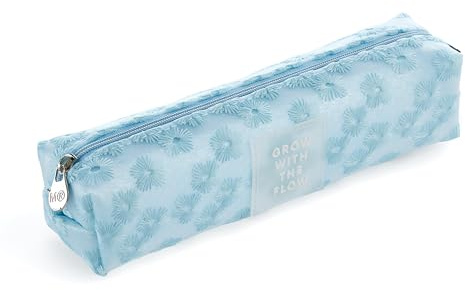 Miquelrius - Astuccio ovale con fiori ricamati, astuccio 1 scomparto, dimensioni 200 x 45 x 45 mm, materiale poliestere, chiusura zip, maniglia in metallo, blu, 200 x 45 x 45 mm, PORTATODO BLU FIORI