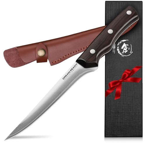 Dream Reach Boning Knife for Meat Cutting Japanese High Carbon Steel Deboning Knife with Sheath-Razor Sharp 6 inch Fillet Knife Brisket Trimming Knife for Kitchen Outdoor (Flow Series1), Silver
