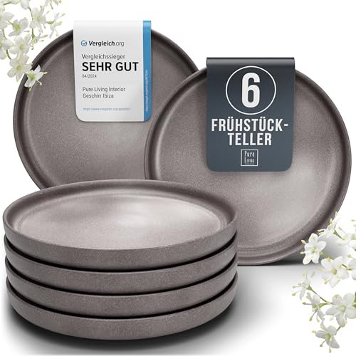 Steingut Frühstücksteller 6 Pers. Hochwertiges Urban Style TEST SEHR GUT Dessertteller Set- Kuchenteller spülmaschinen- und kratzfest- Kleine Teller, Salatteller Pure Living in matt Grau-braun