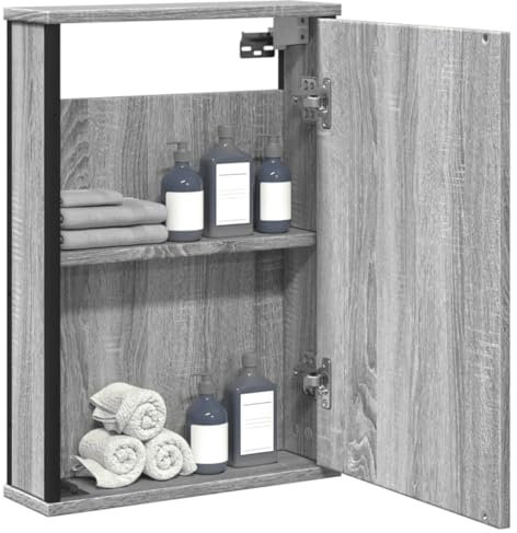 Sufrk Mueble espejo de baño gris Sonoma, 42 x 12 x 60 cm, multicapa, armario de baño suspendido de pared, armario para ahorrar espacio, mueble de cocina, dormitorio, lavadora