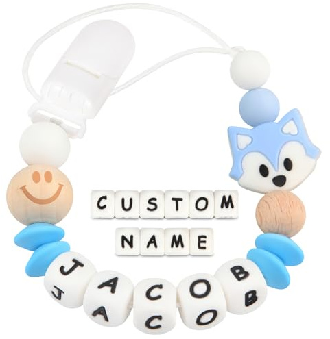 Kowlone Attache Sucette Nom Personnalisé Prenom Silicones Le renard Attache Tétine en Clips Chaîne pour Bébé Filles Garçons