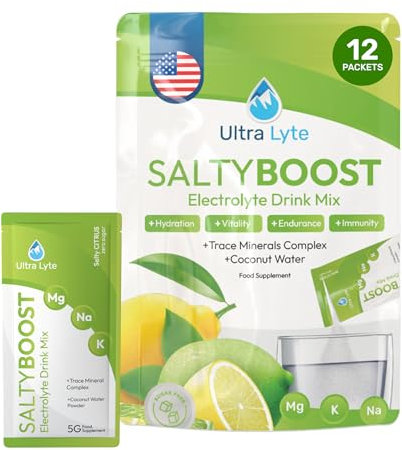 Ultra Lyte Electrolytes Drink Mix - Sugar-Free Sachets with High Sodium, Trace Minerals, and Coconut Water - Hydration for Sports, Fitness, and Recovery (12 Servings (Pack of 1), Salty Citrus)