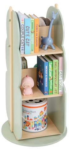 COSTWAY Kids Bookshelf, 360°Rotating Childrens Bookcase with Side Hooks, Free Standing Revolving Book Storage Rack Organiser for Kid Room, Playroom, Study Room (3 Tier)