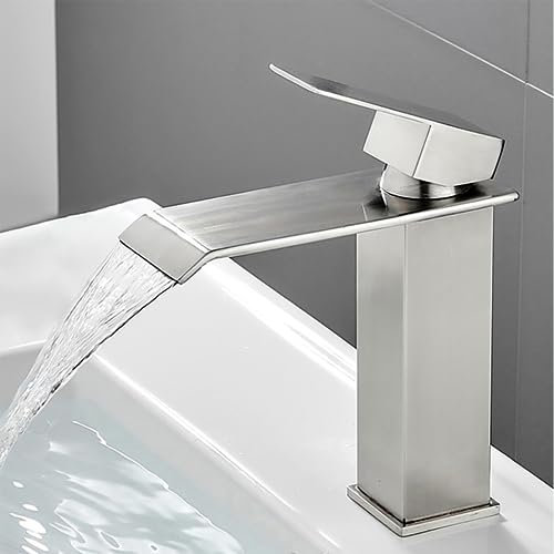 XWIHTR Grifo Cascada para Baño de Acero Inoxidable - Lavabo de Una Manija con Caño Caliente y Frío, Ahorro de Agua (Cepillado)