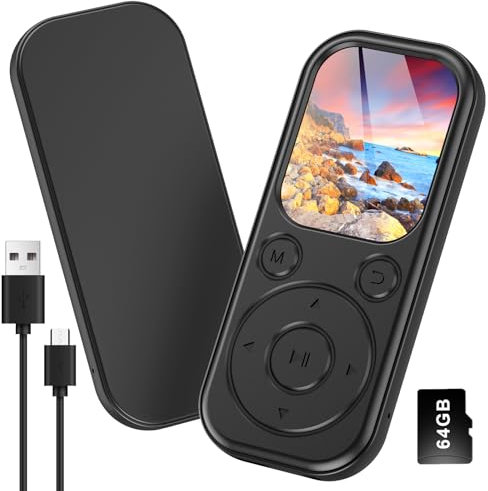 Olycism 64GB Reproductor MP3 Bluetooth 2,01 Pulgadas Reproductor MP3 Mini con Pantalla de ultraalta definición Sonido HiFi Batería de 300mAh Radio FM Grabación de Voz para Deporte Viajes Negro