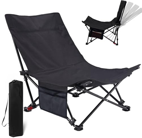 Campingstol, hopfällbar 4-vägs justerbar, campingstol, hopfällbar lätt med bärväska, fiskestol, 150 kg bärbar fällstol, 65 cm bred hopfällbar stol för utomhus, trädgård, vandring, fiske, svart