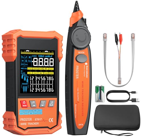Proster Network Cable Tester with POE - RJ45 LAN Ethernet Cable Tracer for CAT7, CAT6, CAT5 Wire Tracker with Length Voltage NCV Continuity Test & Port Flash Support Type-C Charging with Storage Bag