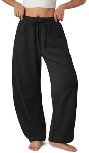 ATHMILE Barrel Sweatpants Women Wide Leg Baggy Lounge Casual Pants A-Black