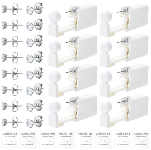 DIEWEISIMI Ear Piercing Kit - 8 Pack Disposable Ear Piercing Gun Kit with CZ Earring Studs, at Home Self Ear Piercing Gun Kit - 5MM Silver Earrings Stud