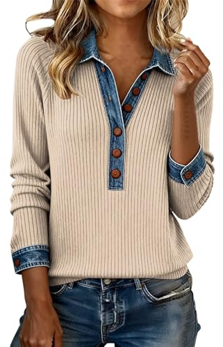 Generic - Sweat-shirt à manches longues pour femme avec col polo, décontracté pour le travail, col henley, haut à col montant, à blocs de couleurs, manches en denim, patchwork, avec boutons, pour l