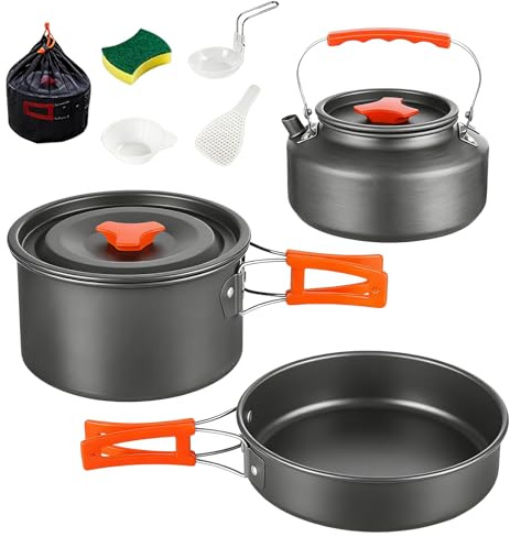 Camping köksredskap set, 10 delar utomhus porslin set för 2–5 personer, köksredskap kit med camping gryta, stekpanna och tekannor, camping kastrullset aluminium för utomhus vandring picknick