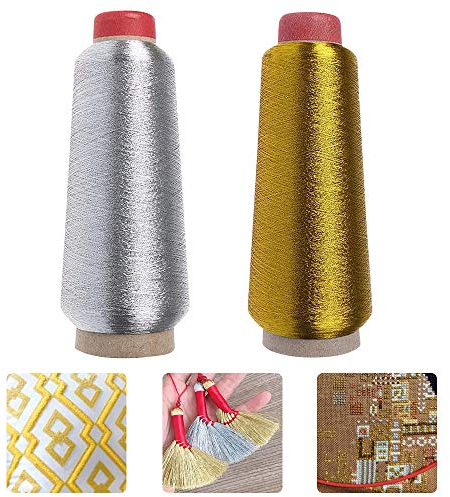 LYTIVAGEN 2 Stück Polyester Stickgarn Nähgarn Metallic Faden Gold Nähmaschinengarn Sliber Maschinen Stickgarn Polyester Faden für Nähmaschine Overlockgarn zum Nähen, Kreuzstich, Sticken, Handstricken